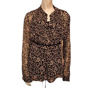 APT. 9 Black And Tan Beige Paisley Print Sheer Long Sleeve Blouse Size XL